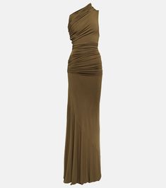 Draped One Shoulder Jersey Gown in Green - Entire Studios | Mytheresa Neutral Evening Gown, High End Formal Dresses, Sleek Gowns Classy, Green Long Bridesmaid Dresses, Elegant Formal Dresses Green, Rehearsal Dinner Dress For Guest Fall Classy, Formal Floor Length Gown, Classy Minimal Wedding Dress, Silver Sage Dress