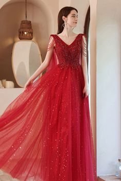 Embellished Tulle V-neck Gown, Embellished Tulle Gown With V-neck, Red Embellished V-neck Evening Dress, Prom Dress With Cape, Burgundy Evening Dress, Dress With Cape, A Line Prom Dress, Prom Dress Evening, Tulle Evening Dress