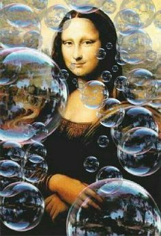 a painting of a woman surrounded by bubbles