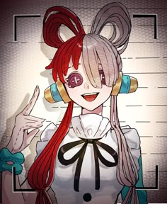 an anime character with red hair wearing headphones and holding her hand up to the side