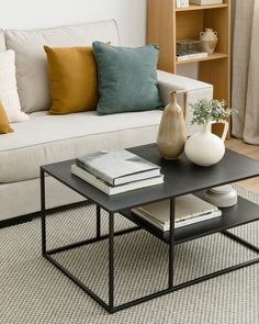 a living room with a couch, coffee table and bookshelf