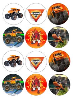 the monster truck stickers are all different colors and sizes, but each one has an image on it