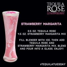 a tall glass filled with pink liquid next to a black background and text that reads strawberry margarita