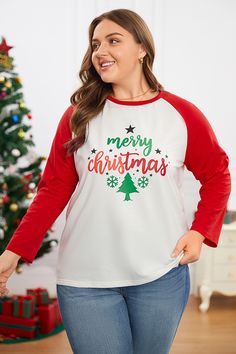 Christmas Tree Patchwork Round Neck Shift Casual Sweatshirt Red Long Sleeve Christmas T-shirt, White Raglan Sleeve T-shirt For Fall, Fall Letter Print Raglan Sleeve Top, Red Long Sleeve T-shirt With Letter Print, Casual Christmas Long Sleeve Tops, Casual Long Sleeve Christmas Tops, White Raglan Sleeve Tops For Winter, Holiday Long Sleeve Top With Graphic Print, Red Long Sleeve Winter T-shirt