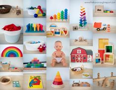 there are many different pictures of toys on the table and in front of them is a baby's first birthday cake