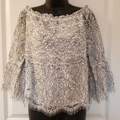 Off The Shoulders Top. Pictures Really Do Not Do It Justice! Lined In The Torso Very Light Ivory With Black Lace Tip New With Tags Ships Fast Spring Evening Lace Tops, White Lace Evening Tops, White Lace Top For Evening And Spring, Top Pictures, Cutout Blouse, Light Ivory, Cupcakes And Cashmere, Tie Neck Blouse, Floral Print Blouses