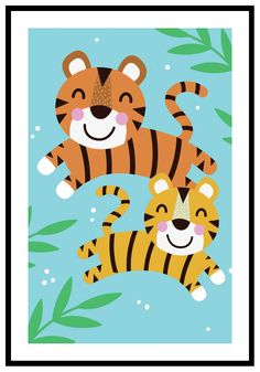 two tigers are swimming in the water with leaves on their backs and one tiger is laying down