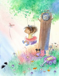 a drawing of a girl on a swing next to a tree with stuffed animals and an owl