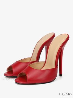 Lasaky - Red Vegan Leather Peep Toe Mule Heels with Stiletto Heel for Women Trendy High Heels, Strappy Mules, Mule Heels, Elegant High Heels, High Heel Slippers, Womens Stilettos, Heel Slippers, Comfortable Heels, Slipper Sandals