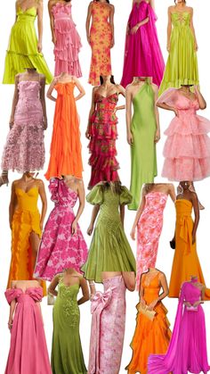 many different colored dresses are shown in this image