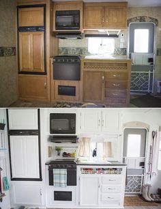 before and after pictures of a kitchen remodel with new cabinets, stoves, microwave