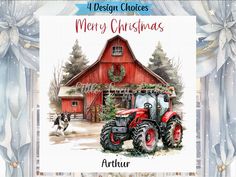 a christmas card with a tractor and a dog in front of a red barn, surrounded by snowflakes