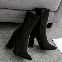 Color: Black, Size: 35 Chunky High Heel Boots, Womens Black Booties, Chunky High Heels, Womens Shoes High Heels, Pointed Toe Shoes, Thick Heels, Toe Shoes, Heel Boots, Suede Ankle Boots