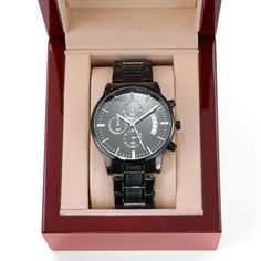 A personalized gift that can withstand constant use, this Engraved Design Black Chronograph Watch is the perfect gift for all the special men in your life. A thoughtful groomsmen gift, an anniversary memento, or a long-lasting keepsake for Father’s Day - it's a versatile piece sure to warm hearts and create smiles. Featuring a three-dial face, calendar function, and luxury pointer in a water-resistant and scratch-proof vessel. Made from high-quality Stainless Steel and featuring a Copper Dial. Ships in a gift box - so it can be sent directly to your lucky recipient. Product Details Stainless Steel (316L) Luxury Copper Dial Quartz Movement Water-resistance rating 3ATM (30m/100ft) Face Diameter 1.5″ (38.1mm) Watch Strap 7″ (177.8mm) Adjustable Clasp 3″ (76.2 mm) Watch Wood, Personalized Watch, Engraved Watch, Gifts For Son, Personalized Watches, Watch Engraving, Great Gifts For Dad, Engraved Design, Watches Unique