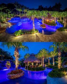 two pictures of the same pool at night and in the middle one is lit up with blue lights