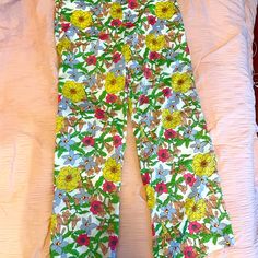 Luxyusa Long Lightweight Breezy Colorful Fun Pants. Excellent Condition. Never Worn Outside. Multicolor Floral Print Bottoms For Day Out, Summer Floral Print Wide-leg Pants, Retro Floral Print Bottoms For Spring, Summer Wide Leg Pants With Floral Print, Summer Wide Leg Floral Print Pants, Spring Floral Print Straight Leg Bottoms, High-waisted Floral Print Cotton Pants, Floral Print High-waisted Cotton Pants, Multicolor Floral Print Summer Pants