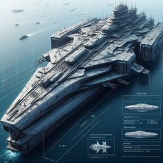 an aircraft carrier is shown in the middle of the ocean with information about its components