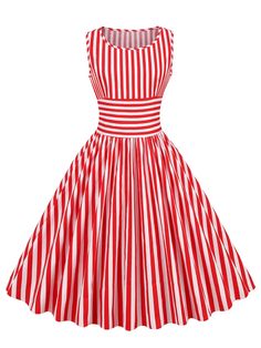 Lucy - Red and White Striped High Waist Rockabilly Dress – A Lark And A Lady Red And White Striped Dress, Circus Fashion, Vintage Cotton Dress, Vestidos Retro, Pleats Pattern, Retro Skirt, Round Neck Dress, Sleeveless Skirt, Rockabilly Dress