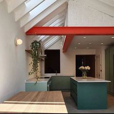 an open kitchen and dining room area with skylights above the countertop, along with potted plants