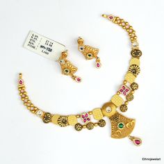 Vintage 22K Yellow Gold Choker Necklace with Earrings. Made of 22K Solid Gold and Set with Gemstones. Weight-26.050 Grams, Length-17 cm, Width-5.5 cm. Earrings-3.8 cm Traditional Gold Kundan Necklace With Elegant Design, Elegant Gold Dual-tone Kundan Necklace, Gold Dual-tone Jewelry For Wedding, Gold Dual-tone Kundan Necklace Gift, Gold Dual-tone Wedding Jewelry, Dual-tone Gold Wedding Jewelry, Gold Dual-tone Kundan Necklace For Celebration, Gold Dual-tone Kundan Necklace For Wedding, Gold Hand-set Kundan Necklace For Celebration