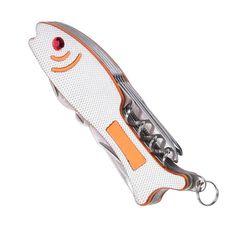 an orange and white knife with two knives in it's blade holder on a white background