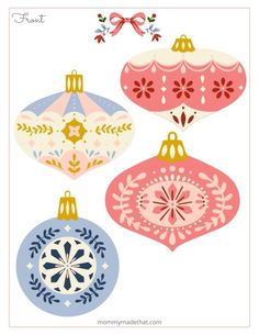 three ornaments hanging from the ceiling in different colors and shapes, with bows on each ornament