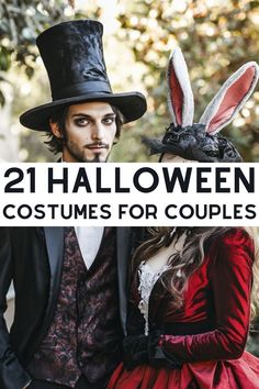 two people dressed up in costumes and hats with the words 21 halloween costumes for couples