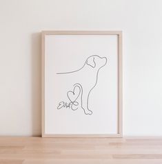 a framed drawing of a dog with the word paws written on it's side