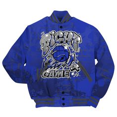 Brand Dunkare Air Max Plus Black Racer Blue Shirt - Fighter Games Graphic Street Art All Over Print Baseball Varsity Jacket Casual Blue Outerwear With Graffiti Print, Blue Long Sleeve Outerwear With Graffiti Print, Urban Blue Varsity Jacket For Sports, Urban Style Blue Varsity Jacket For Sports, Urban Blue Outerwear With Graphic Print, Black Racer, Baseball Varsity Jacket, Air Max Plus, Blue Shirt