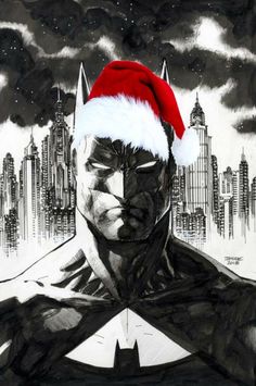 a drawing of batman wearing a santa hat in front of a cityscape background