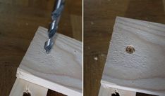 two pictures of the same piece of wood being used to drill holes in plywood