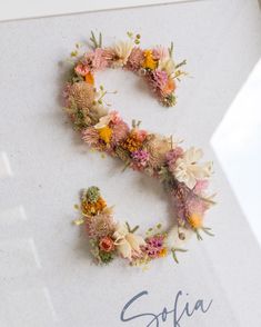 the letter s is made up of flowers and daisies on a white surface with writing underneath it