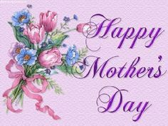 a happy mother's day card with flowers and ribbons on the front, in purple