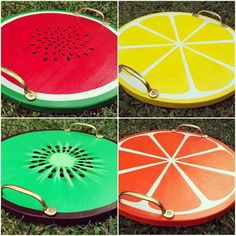 four pictures of different types of frisbees on the grass, each with one cut in half