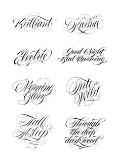 six different types of calligraphy in black and white