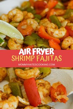 air fryer shrimp fajitas with peppers and jalapenos on the side