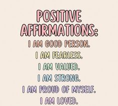 the words positive affirmations are written in different colors and font on a white background