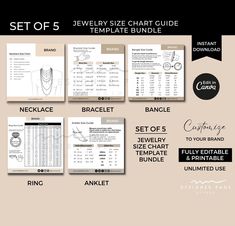 *Digital Download* Fully Editable & Printable  Jewelry Size Chart Guide Template SET BUNDLE includes 5 Canva Templates: 1. Necklace Size Chart Template  2. Bracelet Size Chart Template 3. Ring Size Chart Template 4. Anklet Size Chart Template 5. Bangle Size Chart Template - for your brand, online shop, store, business & more - all text measurements are approximate and can be edited/customized size: 2000 x 2000 px (can be resized & printed) - Fully and Easily Customizable using Canva  (free account required) - Add/Change font, color, text, image, logo, background & more. -Add/Duplicate pages for as many as you need.  -Digital Download only -Reusable. Edit, customize, use over and over. Templates do not expire. ⭐️ What you will receive: Digital Download of 1 PDF file containing the template Necklace Size Chart, Size Chart Template, Ring Size Chart, Necklace Length Guide, Guide Template, Bracelet Size Chart, Chart Template, Necklace Ring, Bracelet Ring