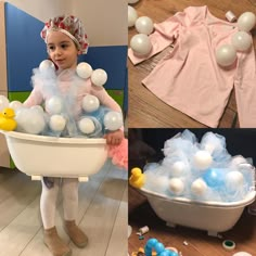 a child in a bathtub filled with balloons and rubber ducks