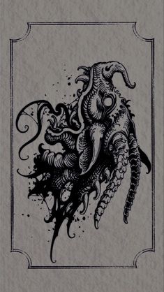 an ink drawing of a sea horse in black and white on grey paper with ornate border