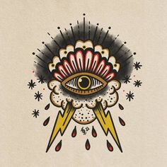 an all seeing eye surrounded by lightnings and stars on a beige background with black ink