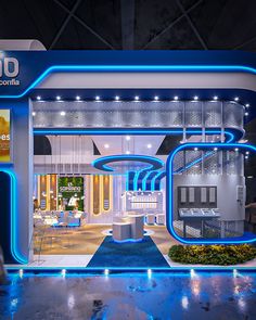 an exhibition booth with blue lighting and white walls, including the entrance to a restaurant