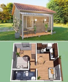 the small house is made out of wood and has an open floor plan for it