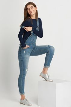 Trendy High-waisted Denim Overalls, Denim Jumper Outfit, Blue Non-stretch Overall Jeans, Spring Denim Blue Button-up Overalls, Fitted High-rise Denim Blue Overalls, Cheap Non-stretch Denim Blue Overalls, Denim Dungarees, Jeans Distressed, Cute Lazy Outfits