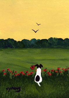 a painting of a dog in a field with red flowers and birds flying over it