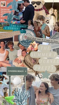 a collage of people and signs on the beach