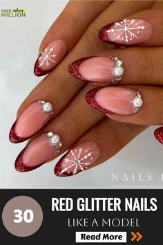 Red Glitter Nails, Red French Tip Nails, Red French Tip, Classy Nail Art Ideas, Festive Nail Designs, Red Nails Glitter, Glitter Accent Nails, Christmas Manicure, Red Christmas Nails