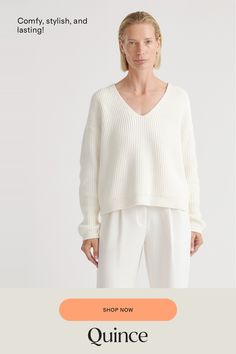 You loved our 100% Organic Cotton Fisherman Crew, so we put a fresh spin on it with the 100% Organic Cotton Fisherman V-Neck Sweater. With its relaxed fit, cropped length, and classic V-neck design, this sweater will be your new go-to for effortless style. Crafted from super-soft organic cotton in a wide ribbed knit, it's comfy and made to last.  | Quince | Women's Fisherman V-Neck Sweater in Ivory, Size Medium, Organic Cotton Pullover Sweaters Cotton, Organic Cotton Sweaters, Cream Fishermans Sweater, Gold Chain Link Necklace, Chunky Sweaters, Leather Jacket With Hood, Fisherman Sweater, Open Neck, Black Camel