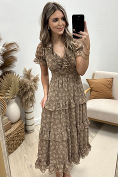 Watch My Back Dress (Brown/Light Beige) - Happily Ever Aften Summer Tiered V-neck Dress With Ruffles, Spring Tiered V-neck Dress With Ruffles, Flowy V-neck Ruffle Dress For Garden Party, Fitted V-neck Maxi Dress With Ruffles, Date Night Tiered Mini Dress With Ruffle Hem, Flowy V-neck Ruffle Dress, Flirty Fitted Tiered Dress, Elegant Fitted V-neck Tiered Dress, Brown V-neck Dress For Garden Party