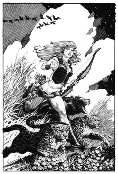 a black and white drawing of a woman on top of two cheetah in the wild